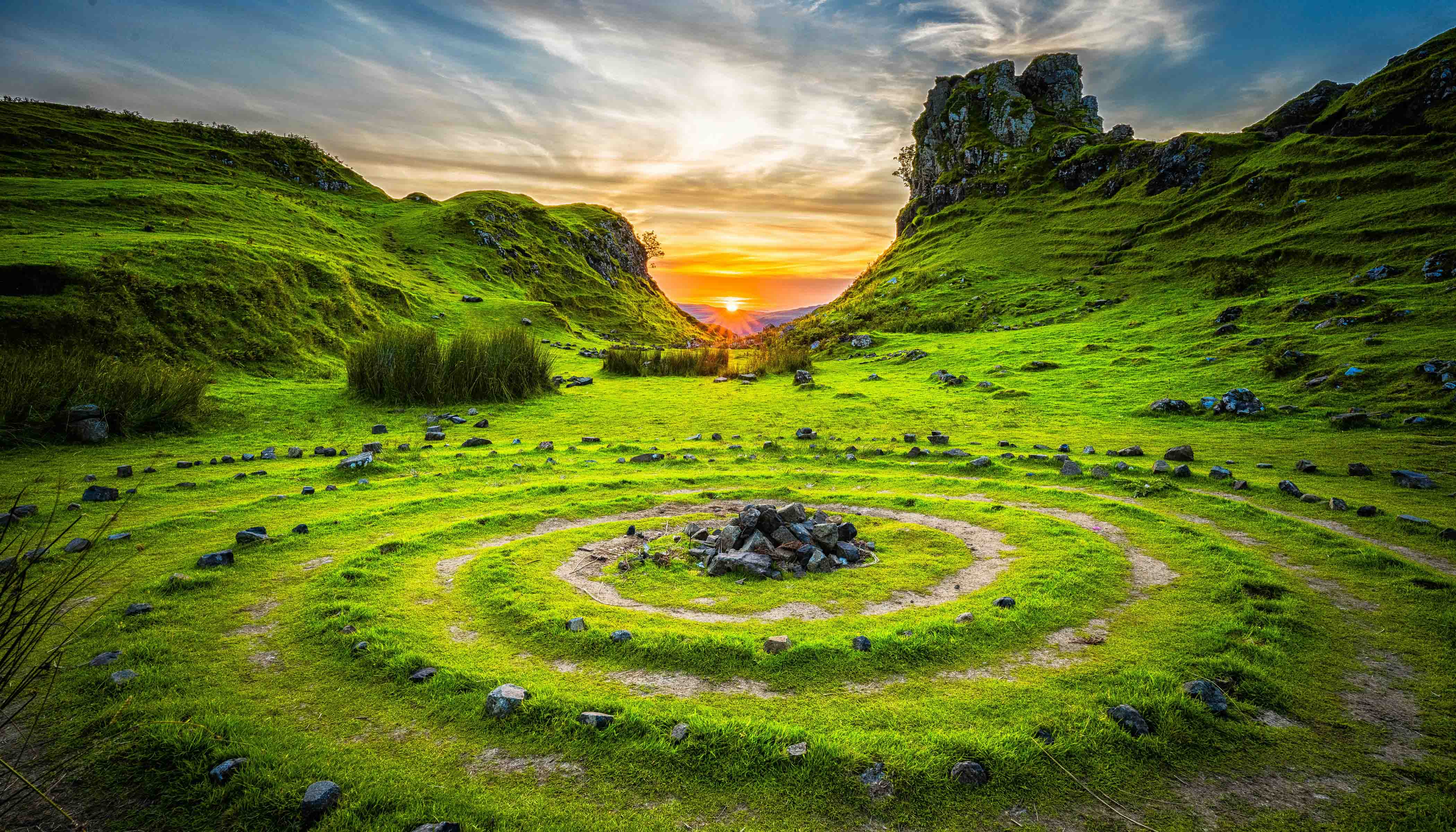 The Fairy GLen and Castle Ewen at Sunset in Scotland